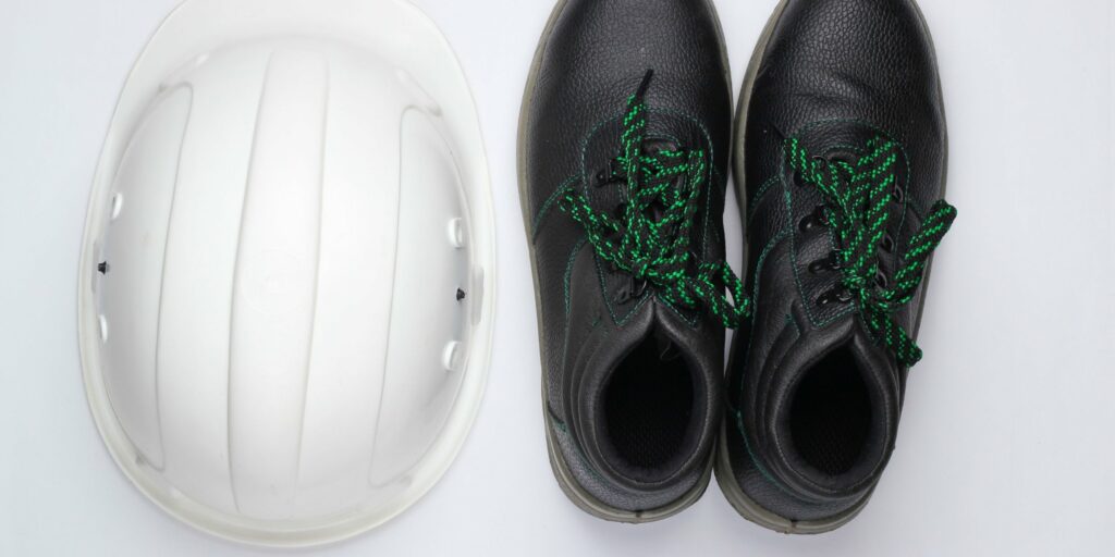 Casco blanco y botas de cuero negras